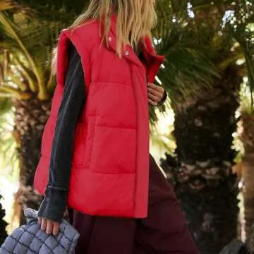 Songling Womens Oversized Puffer Vest Stand Collar Full Zip Sleeveless Bubble Puffer Vest Quilted Padded Warm Coat Outwear (Red,XL)