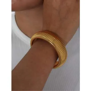 CONRAN KREMIX Gold Chunky Bangle Stretch Bracelets for Women Waterproof 14K Gold Plated Stainless Steel Cuff Bracelet Non Tarnish Trendy Jewelry 20MM Width,8 Inches