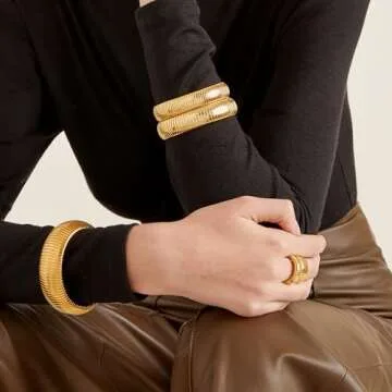 CONRAN KREMIX Gold Chunky Bangle Stretch Bracelets for Women Waterproof 14K Gold Plated Stainless Steel Cuff Bracelet Non Tarnish Trendy Jewelry 20MM Width,8 Inches