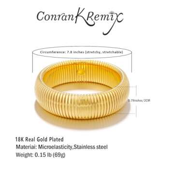 CONRAN KREMIX Gold Chunky Bangle Stretch Bracelets for Women Waterproof 14K Gold Plated Stainless Steel Cuff Bracelet Non Tarnish Trendy Jewelry 20MM Width,8 Inches