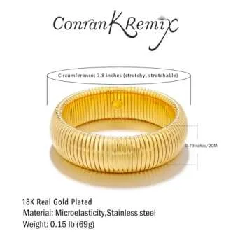 CONRAN KREMIX Gold Chunky Bangle Stretch Bracelets for Women Waterproof 14K Gold Plated Stainless Steel Cuff Bracelet Non Tarnish Trendy Jewelry 20MM Width,8 Inches