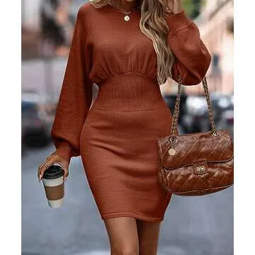Theenkoln Women Knit Sweater Dress: Long Sleeve Knit Stretchable Elasticity Slim Sweater Bodycon Mini Sweater Dress for Casual/Club Caramel Color XLarge