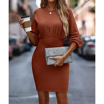 Theenkoln Women Knit Sweater Dress: Long Sleeve Knit Stretchable Elasticity Slim Sweater Bodycon Mini Sweater Dress for Casual/Club Caramel Color XLarge