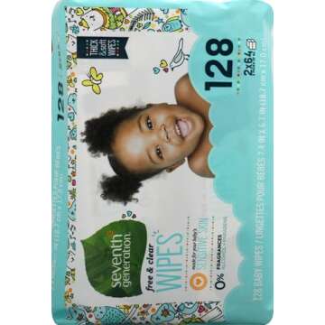Seventh Generation, Baby Wipes, Unscented and Sensitive, 64 Count (Pack of 2)
