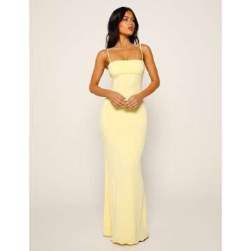 VANCOL Women's Cutout Backless Maxi Dress Sexy Sleeveless Tight Slip Spaghetti Strap Long Dresses Yellow