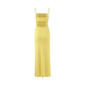 VANCOL Women's Cutout Backless Maxi Dress Sexy Sleeveless Tight Slip Spaghetti Strap Long Dresses Yellow