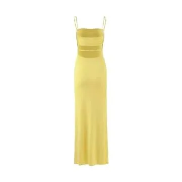 VANCOL Women's Cutout Backless Maxi Dress Sexy Sleeveless Tight Slip Spaghetti Strap Long Dresses Yellow