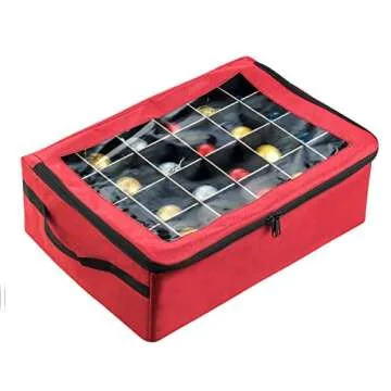 Ornament Storage Box - Zippered Lid Organizer with 48 Individual Compartments and Dividers for Christmas Bulbs and Decorations by Tiny Tim Totes (Red)