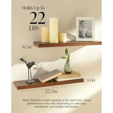 BAYKA Floating Shelves, 22.5" Wall Mounted Wood Shelves for Bathroom, Bedroom, Living Room, Kitchen, Hanging Shelf for Books/Storage/Decor with 22lbs Capacity (Rustic Brown,Set of 2)