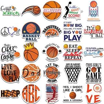 50Pcs Basketball Stickers, Basketball Scrapbook Stickers for Kids Teens Boys Girls, Waterproof Vinyl Stickers for Water Bottle Laptop Scrapbooking Skateboard Guitar