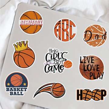 50Pcs Basketball Stickers, Basketball Scrapbook Stickers for Kids Teens Boys Girls, Waterproof Vinyl Stickers for Water Bottle Laptop Scrapbooking Skateboard Guitar