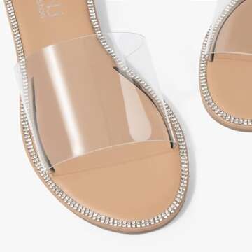 MUSSHOE Women's Clear Flat Sandals With Rhinestone Transparent Summer Slide Sandals for Women Dressy, Clear 9