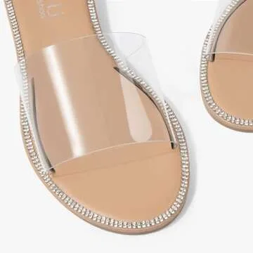 MUSSHOE Women's Clear Flat Sandals With Rhinestone Transparent Summer Slide Sandals for Women Dressy, Clear 9