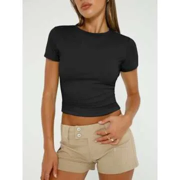 AUTOMET Womens Short Sleeve T Shirts Basic Summer 2025 Workout Tops Crew Neck Gym Crop Tops Trendy Y2K ClothesBlack XS
