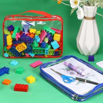 4 Packs Large Toy Storage Bags with Zipper, Clear PVC Board Game Storage, Reusable Organizing Bags with Handle, Travel Waterproof Toiletry Bags Organizer Bags for Building Blocks, Puzzle, Kids Books