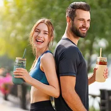 20 OZ Glass Cups with Bamboo Lids and Straws - Beer Can Drinking Glasses with Silicone Protective Sleeve Set, Iced Coffee Glasses, Cute Tumbler Cup for Water, Tea, Gift - Cambridge Blue, Amber