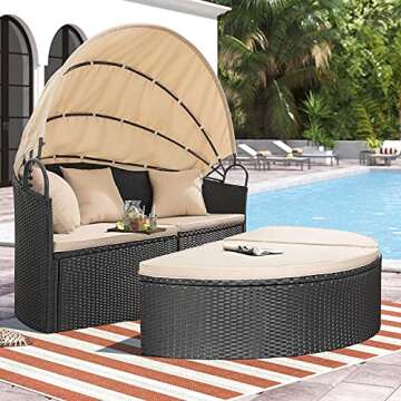 Homall Patio Outdoor Daybed with Retractable Canopy, Rattan Wicker Sectional Seating with Washable C...