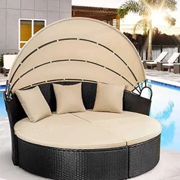 Homall Patio Outdoor Daybed with Retractable Canopy, Rattan Wicker Sectional Seating with Washable Cushions for Patio Backyard Porch Round Daybed Separated Seating (Beige)