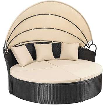 Homall Patio Outdoor Daybed with Retractable Canopy, Rattan Wicker Sectional Seating with Washable Cushions for Patio Backyard Porch Round Daybed Separated Seating (Beige)