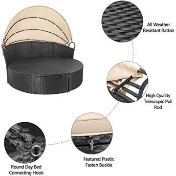 Homall Patio Outdoor Daybed with Retractable Canopy, Rattan Wicker Sectional Seating with Washable Cushions for Patio Backyard Porch Round Daybed Separated Seating (Beige)
