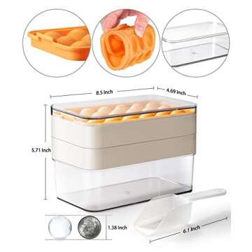 longzon Round Ice cube Trays for Freezer,Easy-Release Silicone,Circle Ice cube tray Making Sphere Ice with Removable Lid,BPA Free,for Cocktail,Whiskey Tea Coffee 2 Trays 1 ice Bucket & Scoop [2 pack]