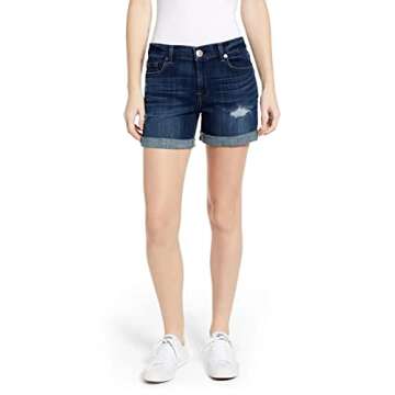 PINKMARCO Jean Shorts Womens High Waisted Mom Casual Summer Stretch Distressed Ripped Frayed Hem Denim Jeans Shorts for Teen Girls Dark Blue Medium