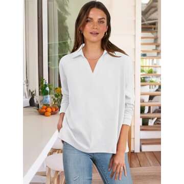 ANRABESS Women Long Sleeve Polo Shirts Casual V Neck Collared Boxy Fit Dressy Work Blouse Top Spring Outfits White L