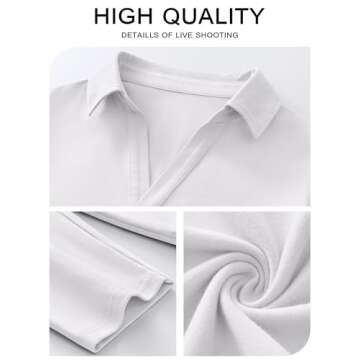 ANRABESS Women Long Sleeve Polo Shirts Casual V Neck Collared Boxy Fit Dressy Work Blouse Top Spring Outfits White L