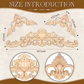 Wood Appliques Decorative Wood Appliques and Onlays for Furniture DIY Wood Carved Onlays Appliques Long Wood Trim Appliques for Bed Door Cabinet Wardrobe 15.7 x 4.3 inch, 4.72 x 4.72 inch (5 Pieces)
