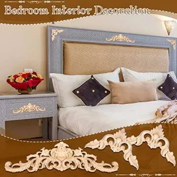 Wood Appliques Decorative Wood Appliques and Onlays for Furniture DIY Wood Carved Onlays Appliques Long Wood Trim Appliques for Bed Door Cabinet Wardrobe 15.7 x 4.3 inch, 4.72 x 4.72 inch (5 Pieces)
