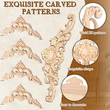 Wood Appliques Decorative Wood Appliques and Onlays for Furniture DIY Wood Carved Onlays Appliques Long Wood Trim Appliques for Bed Door Cabinet Wardrobe 15.7 x 4.3 inch, 4.72 x 4.72 inch (5 Pieces)