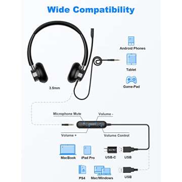 New bee USB Headset with Microphone for PC, Computer Headset with in-line Mute Volume Control Wired Headset for Laptop, Skype, Zoom, Call Center, Meetings, Webinar, Home