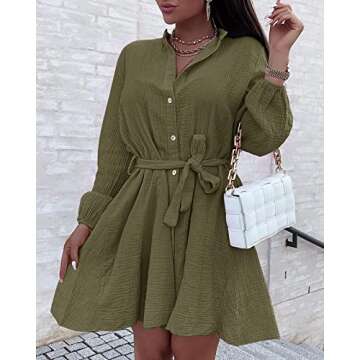 Foshow Womens Button Down V Neck Dresses Tunic Tie Waist Swing Mini Dress Casual Solid Long Sleeve Shirt Tops with Belt Army Green