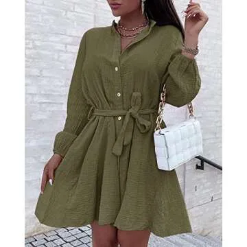 Foshow Womens Button Down V Neck Dresses Tunic Tie Waist Swing Mini Dress Casual Solid Long Sleeve Shirt Tops with Belt Army Green