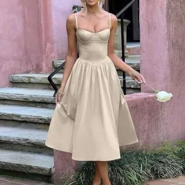 Corset Dress for Women Formal Summer Spaghetti Strap Bustier Midi Dresses Flowy Pleated Hem Corset Sundress with Pockets Dressy Homecoming Dresses Vintage Wedding Guest Dresses 2024 Milkmaid Dresses