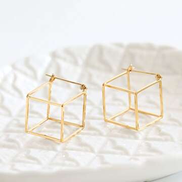 Rugewelry Geometric Cube Square Triangle Earrings 18k Gold Plated Stud Earrings For Women