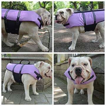 Lovelonglong Dog Lifejacket Life Jackets for English Bulldog Medium Dogs Swimming Safe Boating Coat Dog Swim Protect Reflective Vest Pet Life Preserver Purple L-M