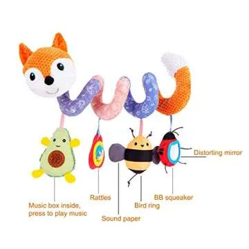 ORZIZRO Car Seat Toys, Baby Plush Spiral Hanging Toys for Stroller Crib Bar Bassinet Car Seat Mobile with Music Box BB Squeaker Rattles- Orange Fox