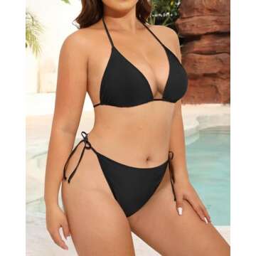 Tempt Me Women Plus Size Triangle Bikini String Two Piece Halter Tie Side Swimsuit Black 22 Plus