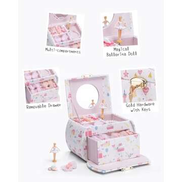 Vlando Musical Jewelry Box for Girls Kids with Drawer, Music Box with Ballerina and Stickers for Birthday Bedroom Decor, Fantasy Princess