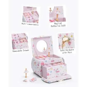 Vlando Musical Jewelry Box for Girls Kids with Drawer, Music Box with Ballerina and Stickers for Birthday Bedroom Decor, Fantasy Princess