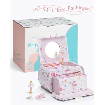 Vlando Musical Jewelry Box for Girls Kids with Drawer, Music Box with Ballerina and Stickers for Birthday Bedroom Decor, Fantasy Princess