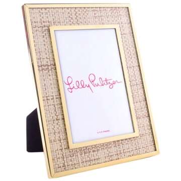 Lilly Pulitzer 4x6 Picture Frame, Decorative Photo Frame for Tabletop, Gold Metal Frame with Raffia, Raffia Mat