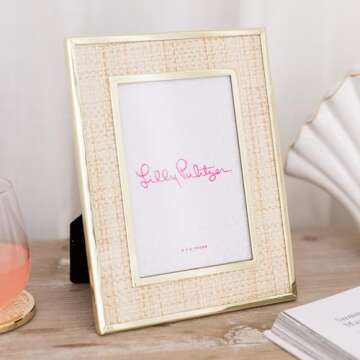 Lilly Pulitzer 4x6 Picture Frame, Decorative Photo Frame for Tabletop, Gold Metal Frame with Raffia, Raffia Mat