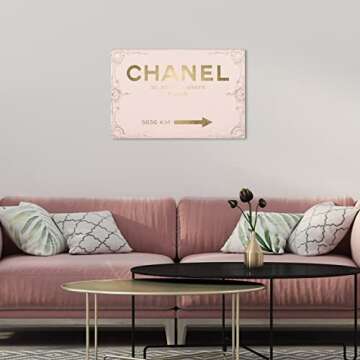 The Oliver Gal Artist Co. Fashion and Glam Modern Wrapped Canvas Wall Art Couture Road Sign Rococo Gold Blush Living Room Bedroom and Bathroom Home Decor 24 in x 16 in Pink and Gold
