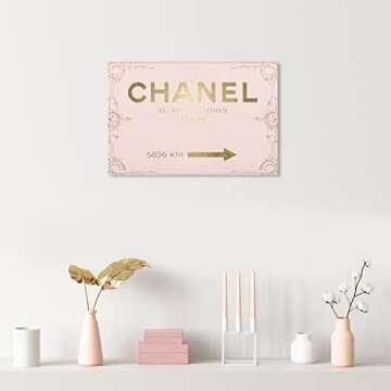 The Oliver Gal Artist Co. Fashion and Glam Modern Wrapped Canvas Wall Art Couture Road Sign Rococo Gold Blush Living Room Bedroom and Bathroom Home Decor 24 in x 16 in Pink and Gold
