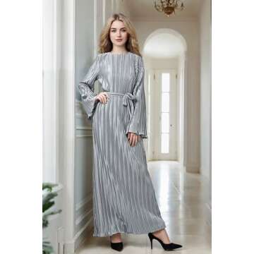 Pluto & Fox Women's Crew Neck Plisse Maxi Dress Long Sleevele Flared Cuffs Belted Pleated Party Cocktail Wedding Guest Dress (US, Alpha, Medium, Regular, Regular, Grey)