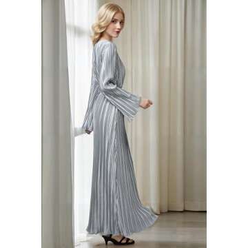 Pluto & Fox Women's Crew Neck Plisse Maxi Dress Long Sleevele Flared Cuffs Belted Pleated Party Cocktail Wedding Guest Dress (US, Alpha, Medium, Regular, Regular, Grey)