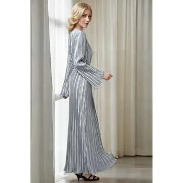 Pluto & Fox Women's Crew Neck Plisse Maxi Dress Long Sleevele Flared Cuffs Belted Pleated Party Cocktail Wedding Guest Dress (US, Alpha, Medium, Regular, Regular, Grey)