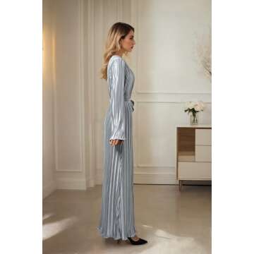 Pluto & Fox Women's Crew Neck Plisse Maxi Dress Long Sleevele Flared Cuffs Belted Pleated Party Cocktail Wedding Guest Dress (US, Alpha, Medium, Regular, Regular, Grey)